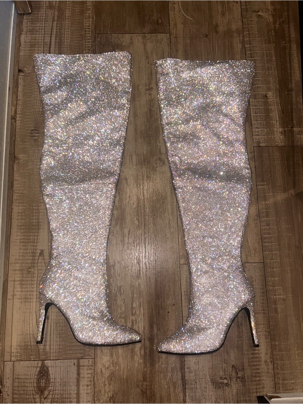 Sparkling Silver Over-the-Knee Stiletto Boots